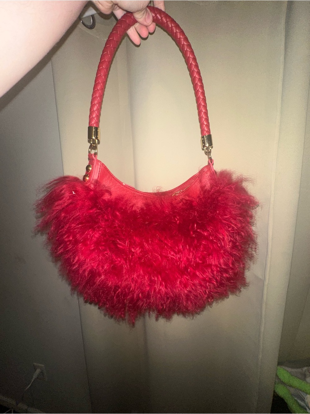 Mary Norton hobo bag Mongolian lamb fur woven shoulder strap red whimsical